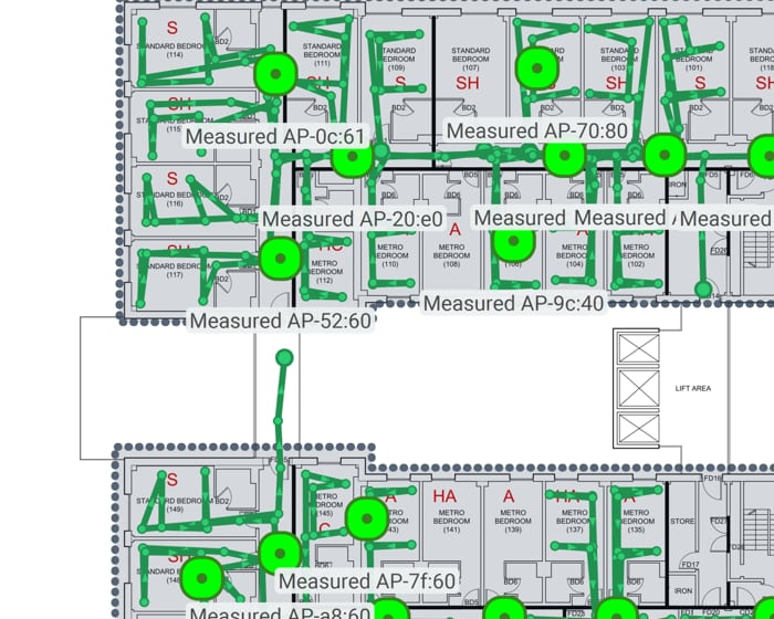 Survey routes and measured access-point placements from a Simplinet hotel WiFi survey