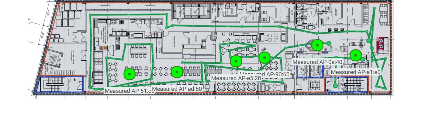 Measured access-point placements and survey routes from a Simplinet wireless design